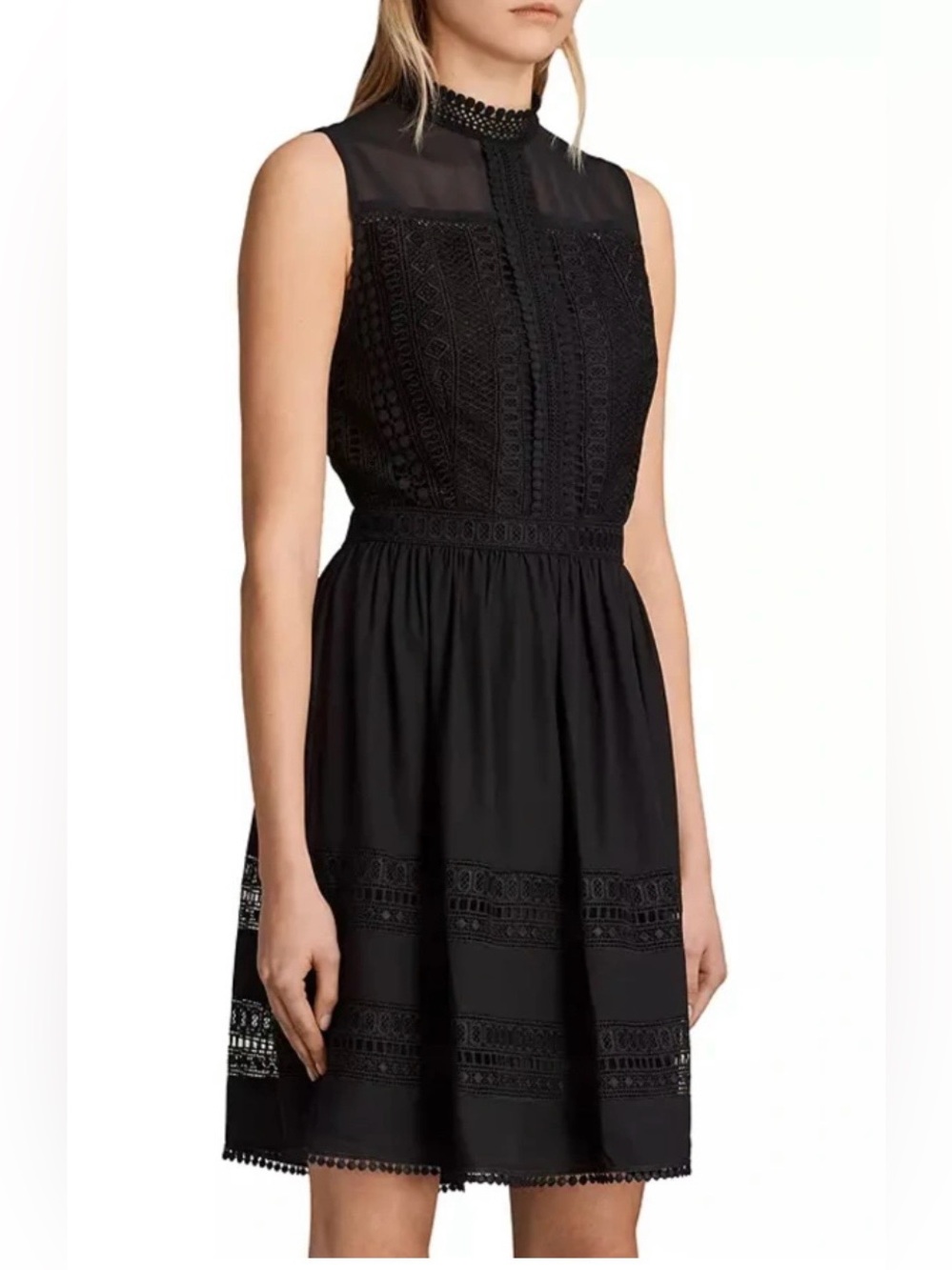 NWOT AllSaints “Rowy” Black Sleeveless Lace Trim Mini Dress